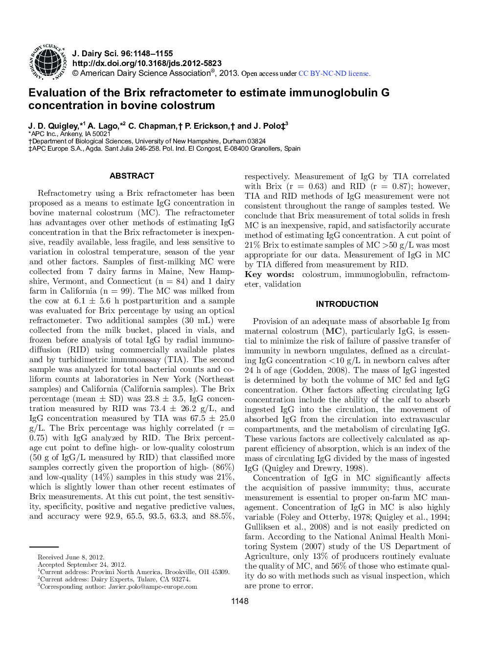 Evaluation of the Brix refractometer to estimate immunoglobulin G concentration in bovine colostrum