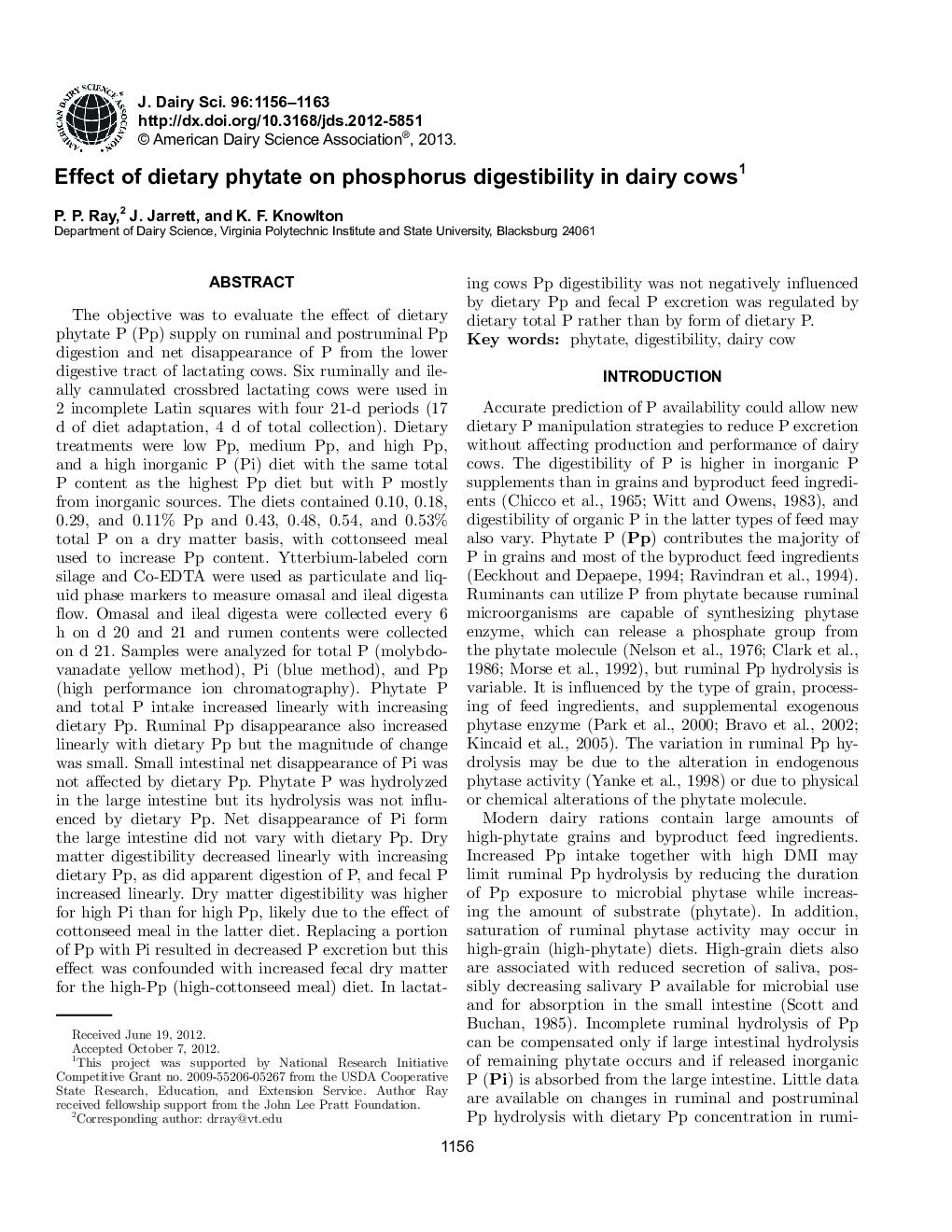 Effect of dietary phytate on phosphorus digestibility in dairy cows1