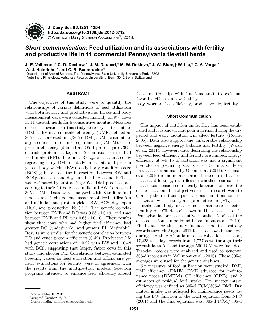 Short communication: Feed utilization and its associations with fertility and productive life in 11 commercial Pennsylvania tie-stall herds