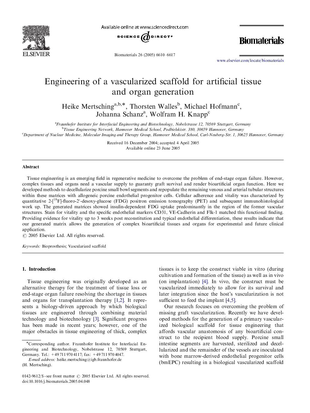 Engineering of a vascularized scaffold for artificial tissue and organ generation