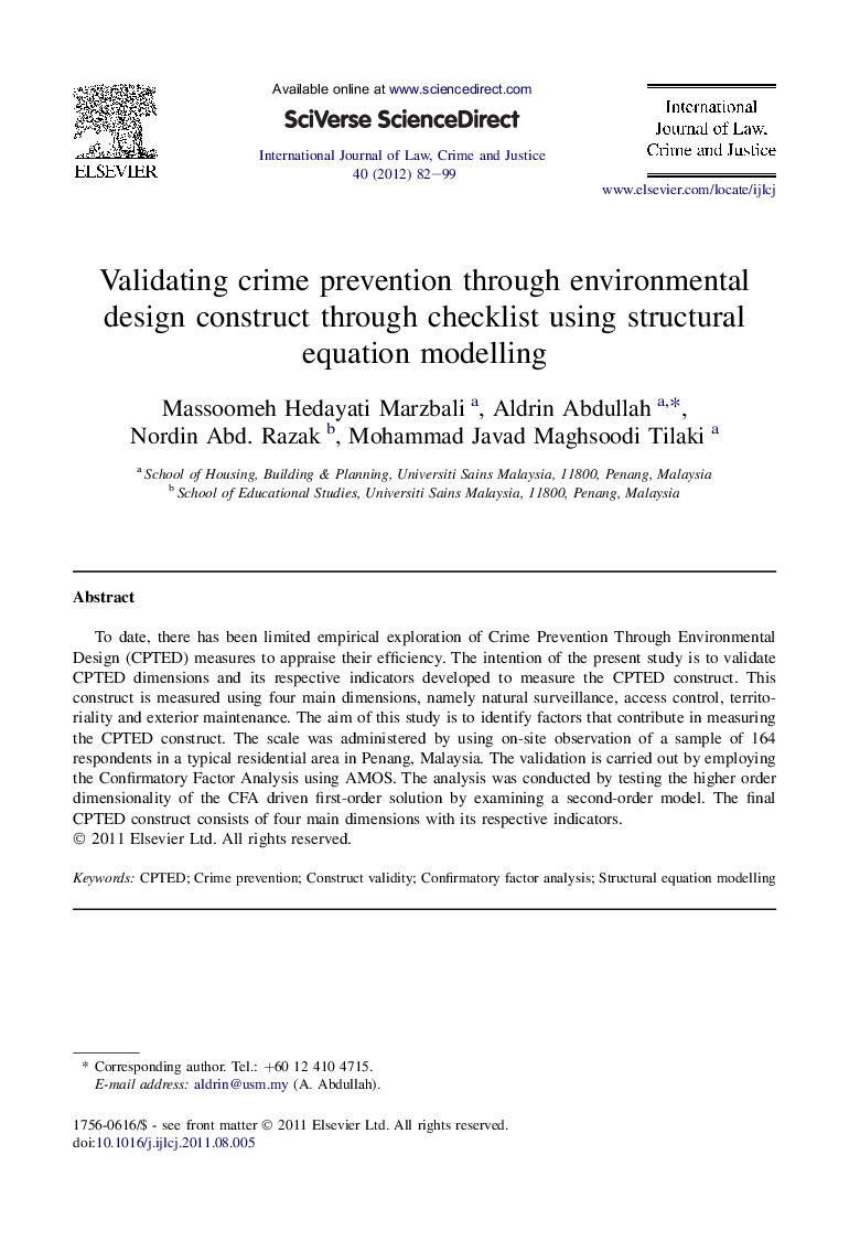 Validating crime prevention through environmental design construct through checklist using structural equation modelling