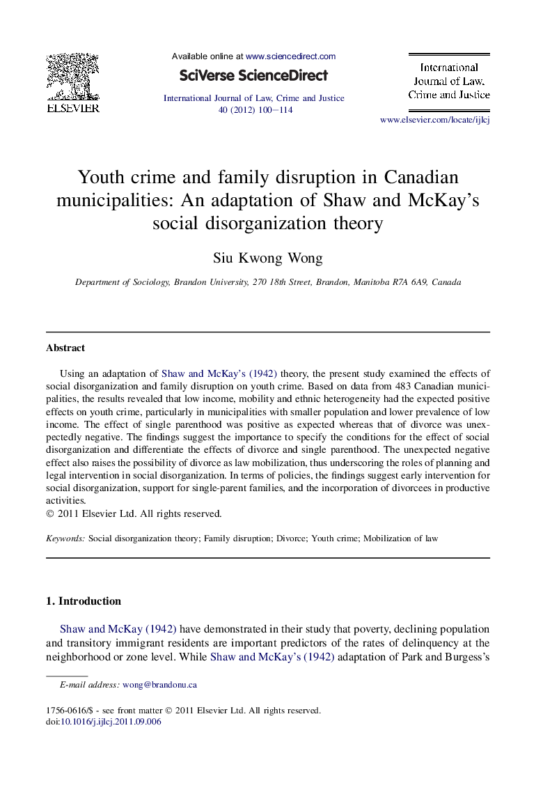 Youth crime and family disruption in Canadian municipalities: An adaptation of Shaw and McKay’s social disorganization theory