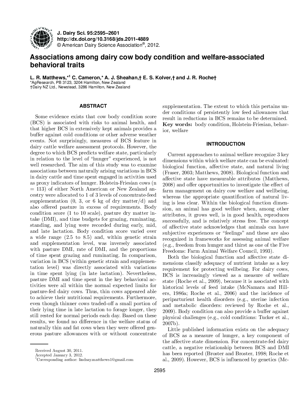 Associations among dairy cow body condition and welfare-associated behavioral traits