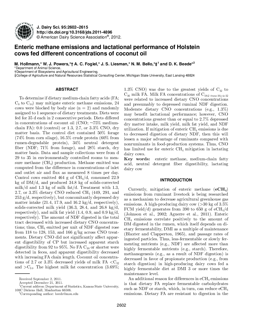 Enteric methane emissions and lactational performance of Holstein cows fed different concentrations of coconut oil