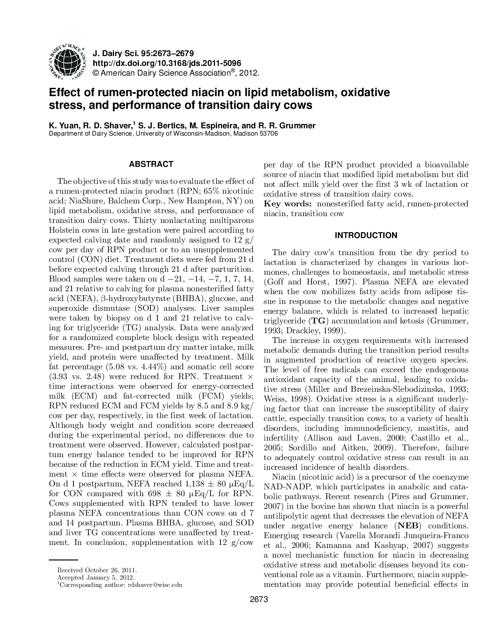 Effect of rumen-protected niacin on lipid metabolism, oxidative stress, and performance of transition dairy cows