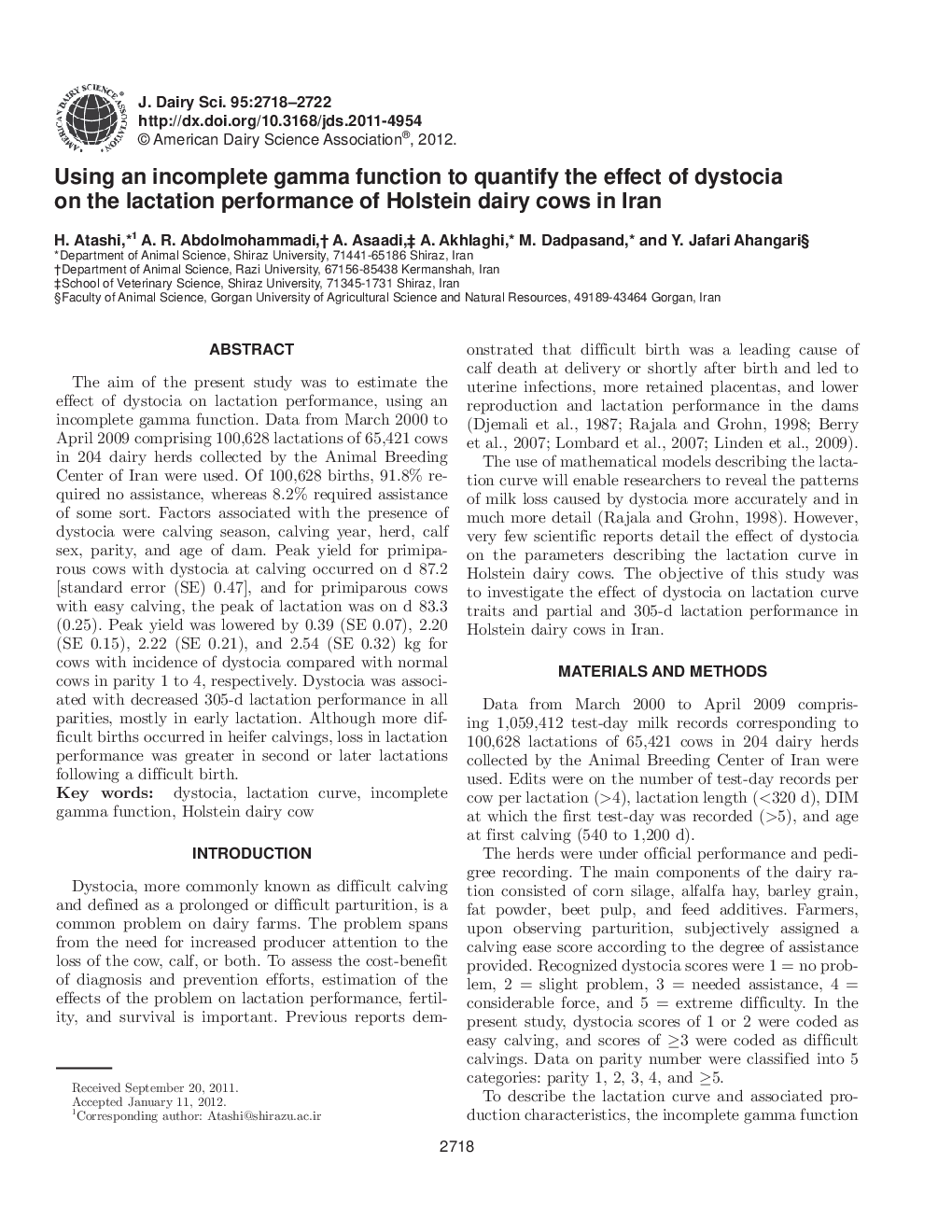 Using an incomplete gamma function to quantify the effect of dystocia on the lactation performance of Holstein dairy cows in Iran