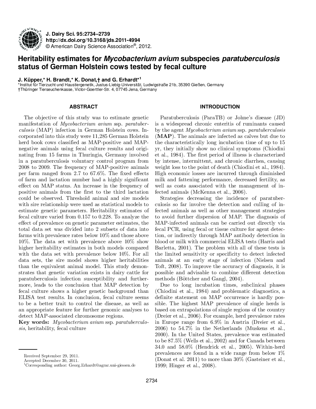 Heritability estimates for Mycobacterium avium subspecies paratuberculosis status of German Holstein cows tested by fecal culture