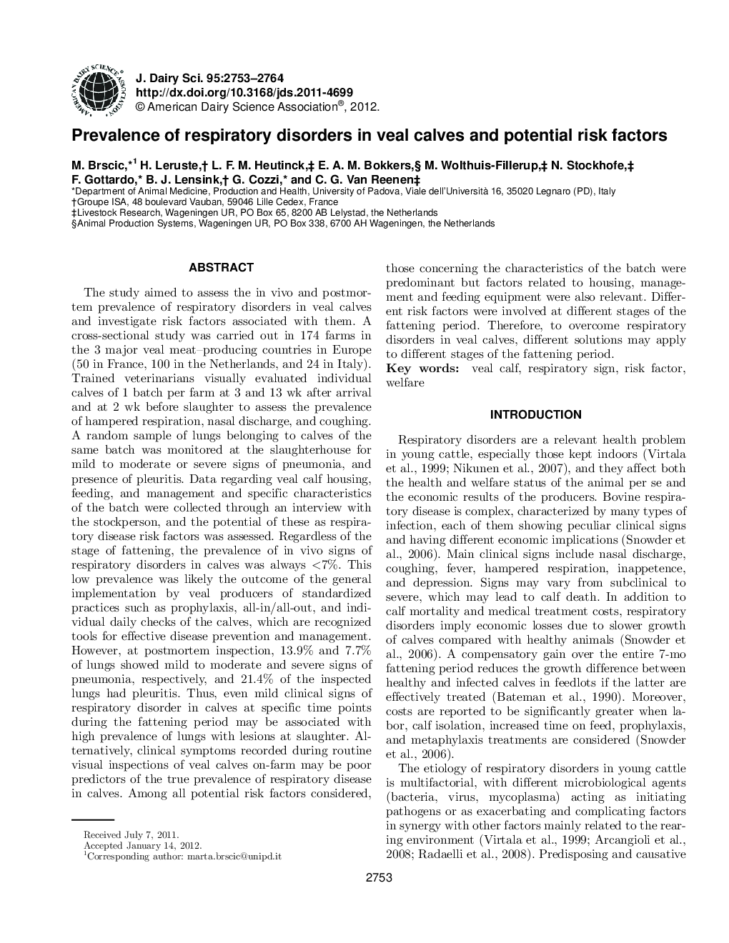 Prevalence of respiratory disorders in veal calves and potential risk factors