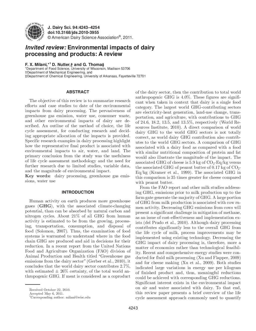 Invited review: Environmental impacts of dairy processing and products: A review