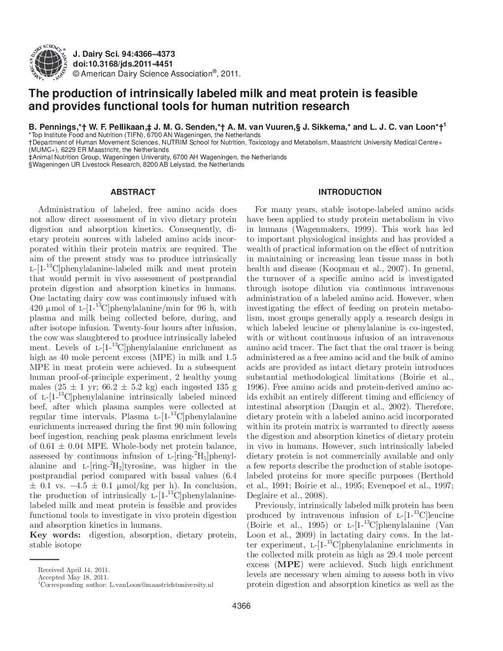 The production of intrinsically labeled milk and meat protein is feasible and provides functional tools for human nutrition research