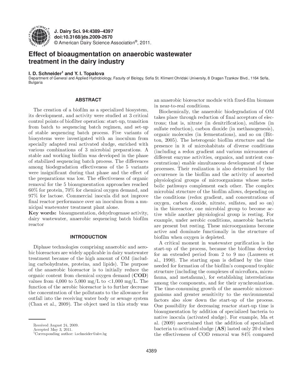عکس صفحه اول مقاله: Effect of bioaugmentation on anaerobic wastewater treatment in the dairy industry Effect of bioaugmentation on anaerobic wastewater treatment in the dairy industry