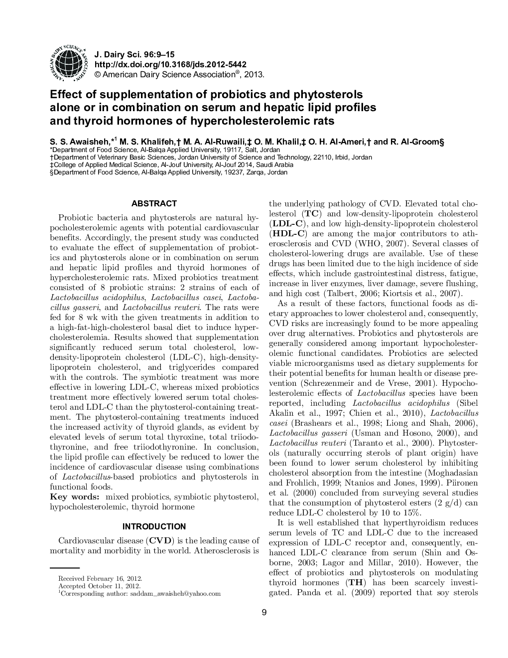 Effect of supplementation of probiotics and phytosterols alone or in combination on serum and hepatic lipid profiles and thyroid hormones of hypercholesterolemic rats