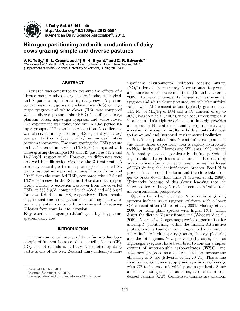 Nitrogen partitioning and milk production of dairy cows grazing simple and diverse pastures