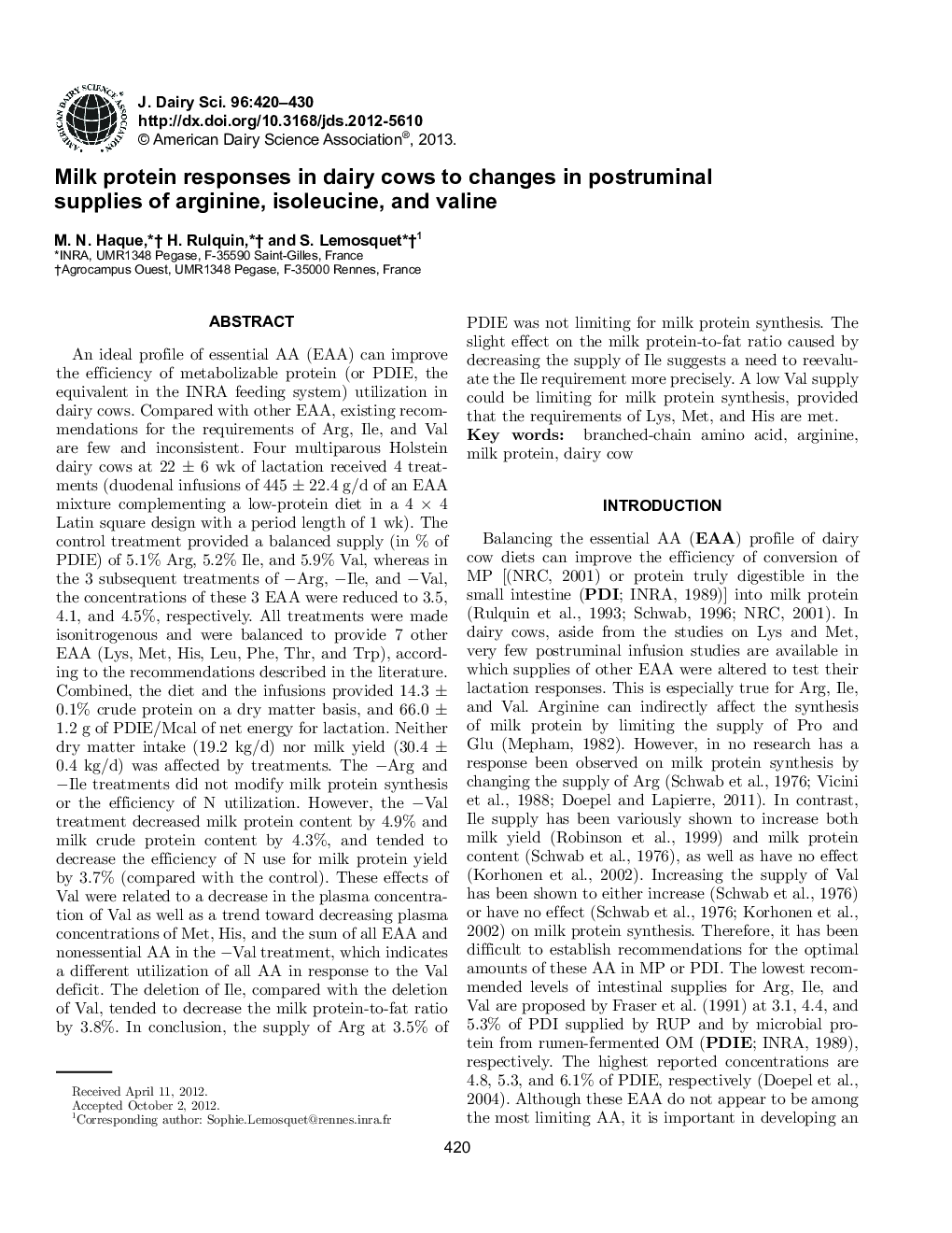 Milk protein responses in dairy cows to changes in postruminal supplies of arginine, isoleucine, and valine