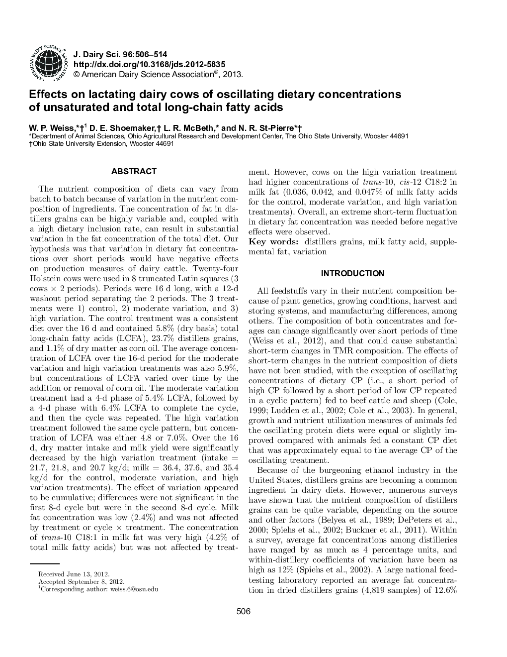 Effects on lactating dairy cows of oscillating dietary concentrations of unsaturated and total long-chain fatty acids