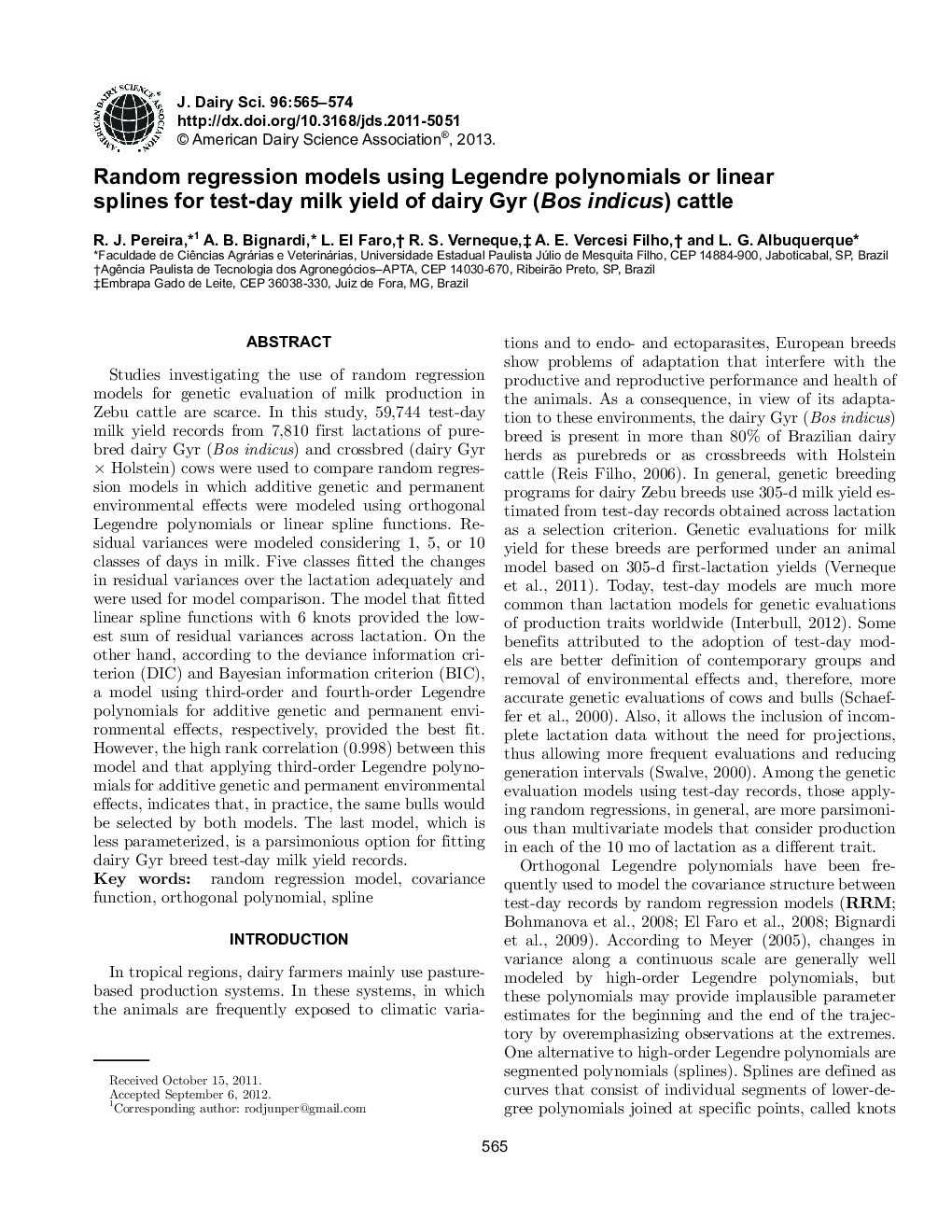 Random regression models using Legendre polynomials or linear splines for test-day milk yield of dairy Gyr (Bos indicus) cattle