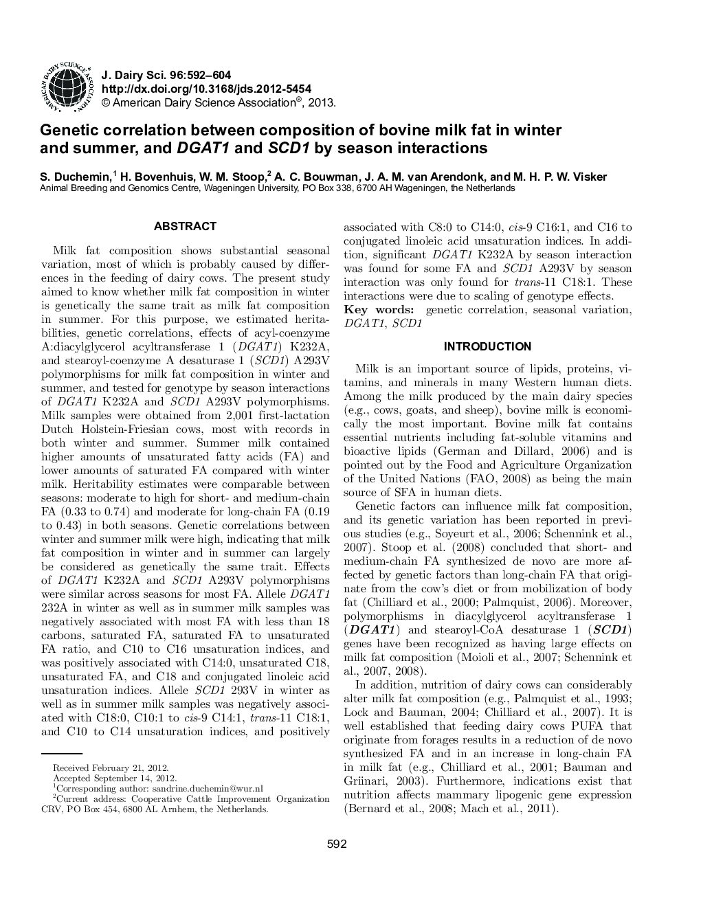 Genetic correlation between composition of bovine milk fat in winter and summer, and DGAT1 and SCD1 by season interactions