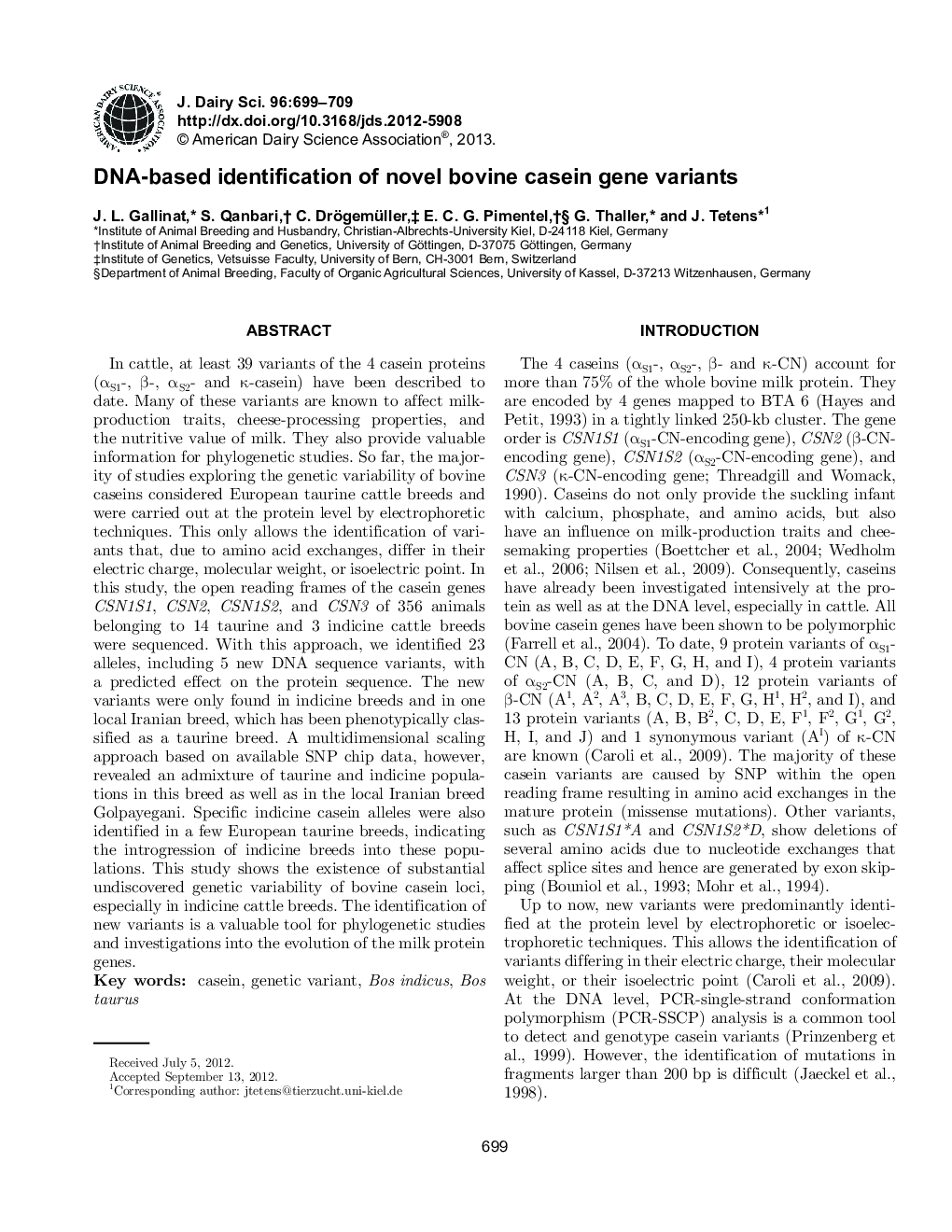 DNA-based identification of novel bovine casein gene variants