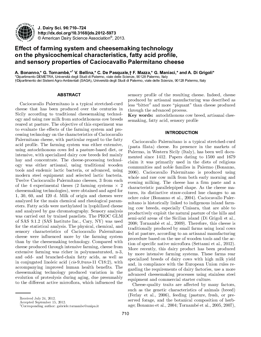 Effect of farming system and cheesemaking technology on the physicochemical characteristics, fatty acid profile, and sensory properties of Caciocavallo Palermitano cheese