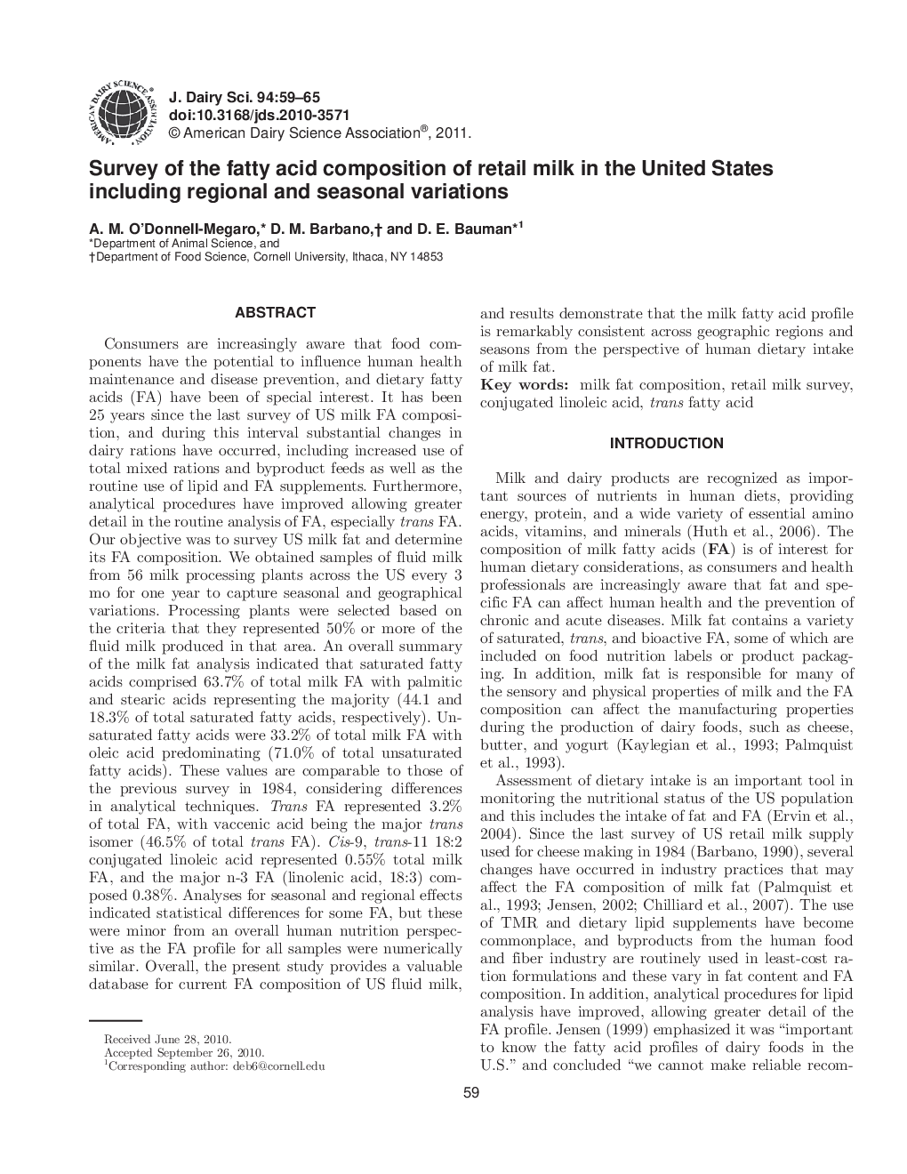 Survey of the fatty acid composition of retail milk in the United States including regional and seasonal variations