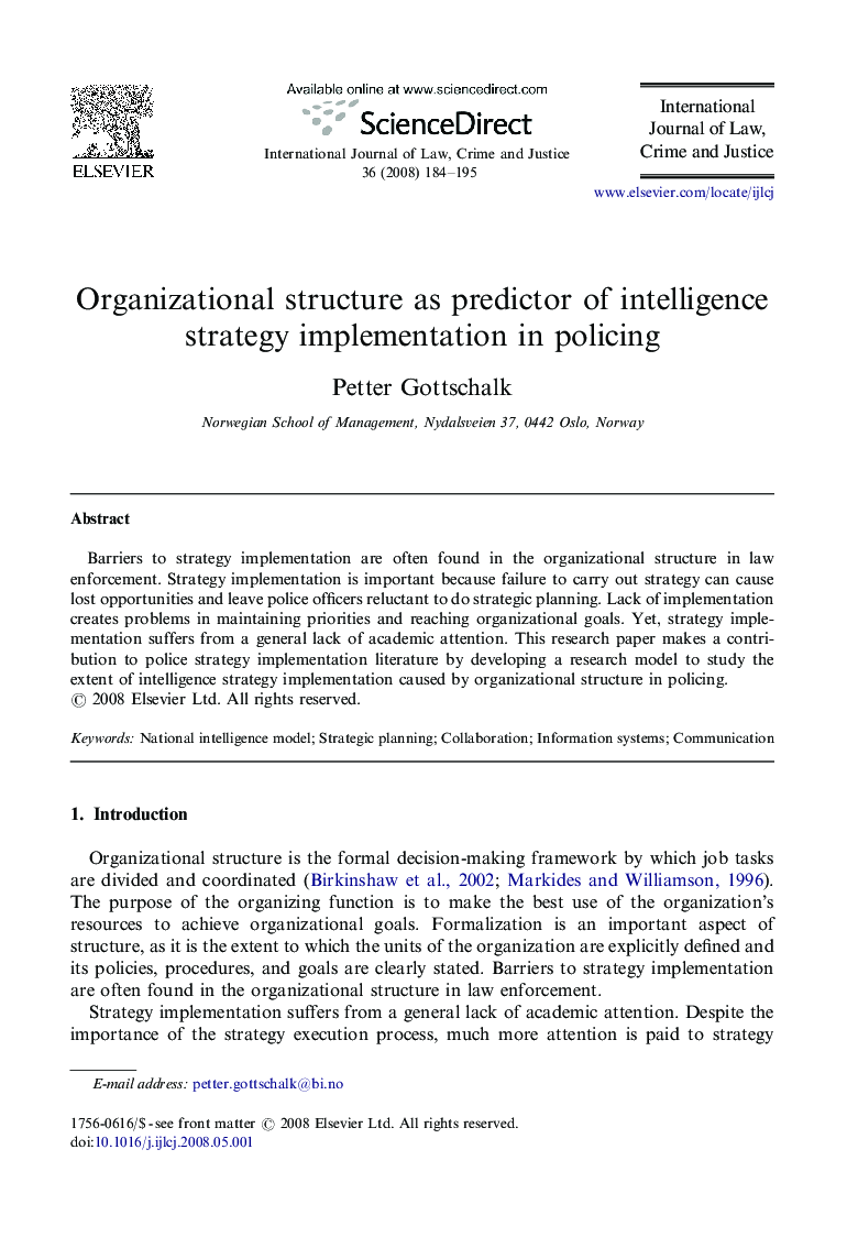 Organizational structure as predictor of intelligence strategy implementation in policing