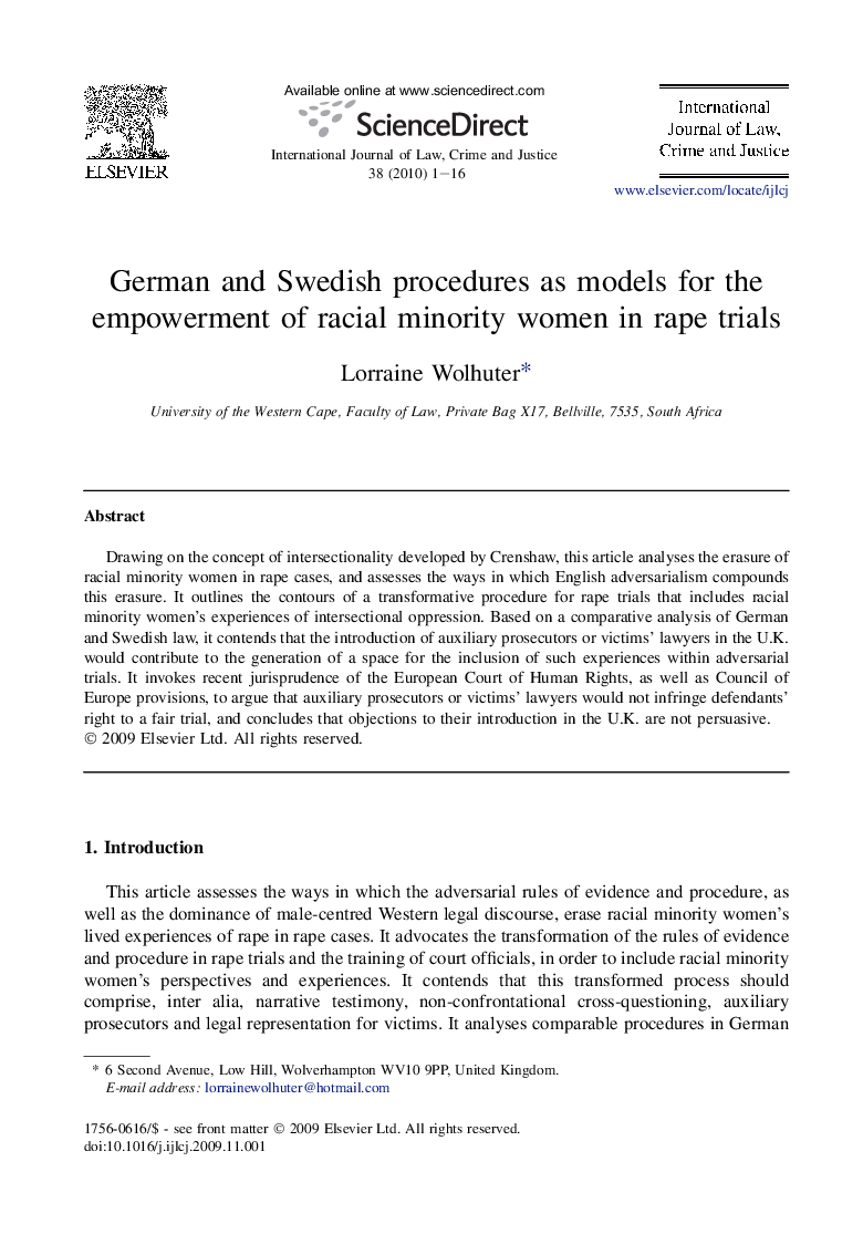 German and Swedish procedures as models for the empowerment of racial minority women in rape trials