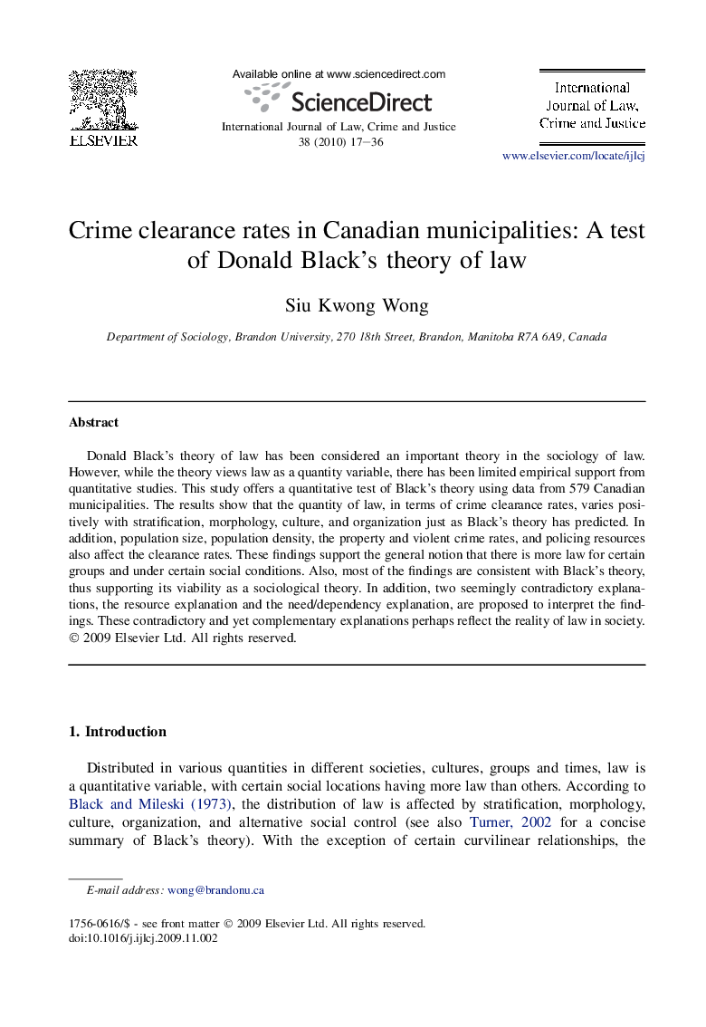 عکس صفحه اول مقاله: Crime clearance rates in Canadian municipalities: A test of Donald Black's theory of law Crime clearance rates in Canadian municipalities: A test of Donald Black's theory of law