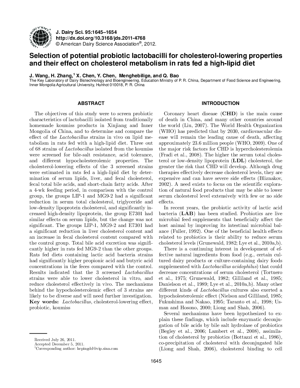 Selection of potential probiotic lactobacilli for cholesterol-lowering properties and their effect on cholesterol metabolism in rats fed a high-lipid diet