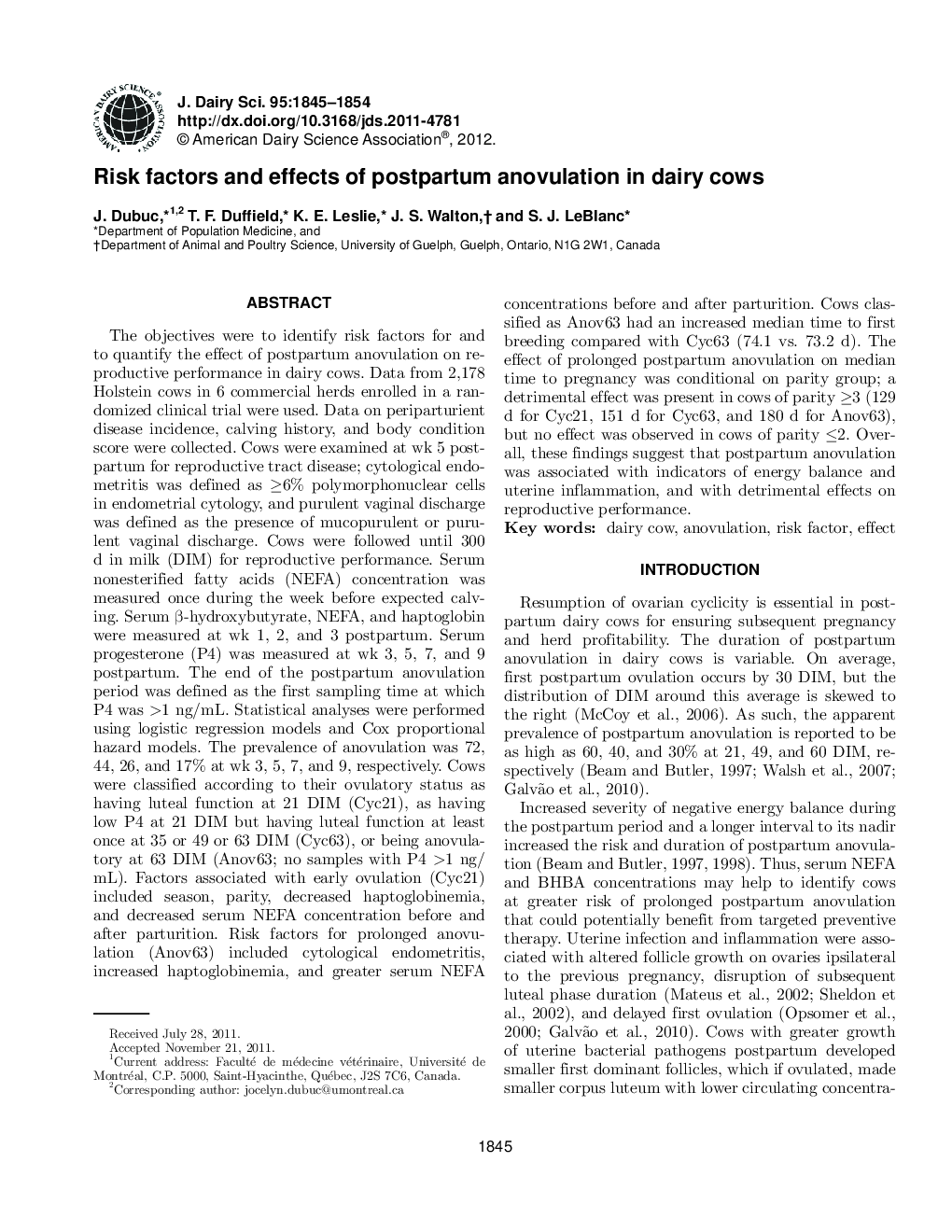 Risk factors and effects of postpartum anovulation in dairy cows