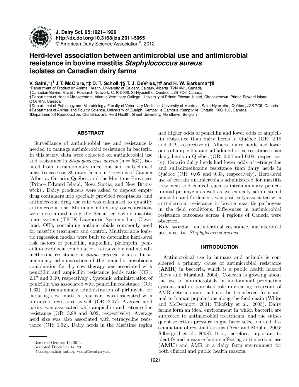 Herd-level association between antimicrobial use and antimicrobial resistance in bovine mastitis Staphylococcus aureus isolates on Canadian dairy farms