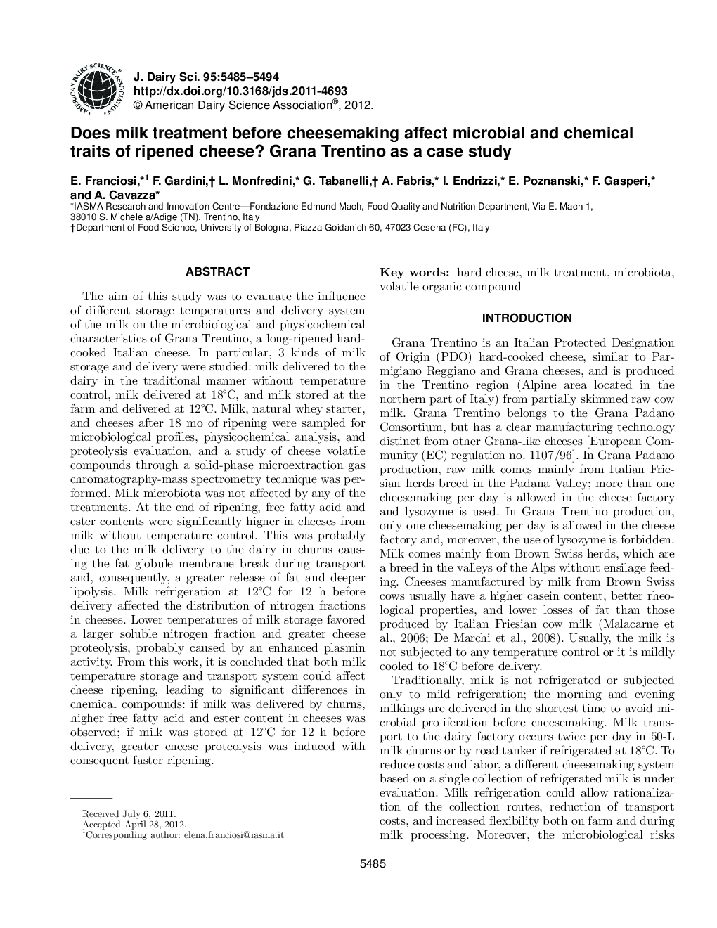 Does milk treatment before cheesemaking affect microbial and chemical traits of ripened cheese? Grana Trentino as a case study