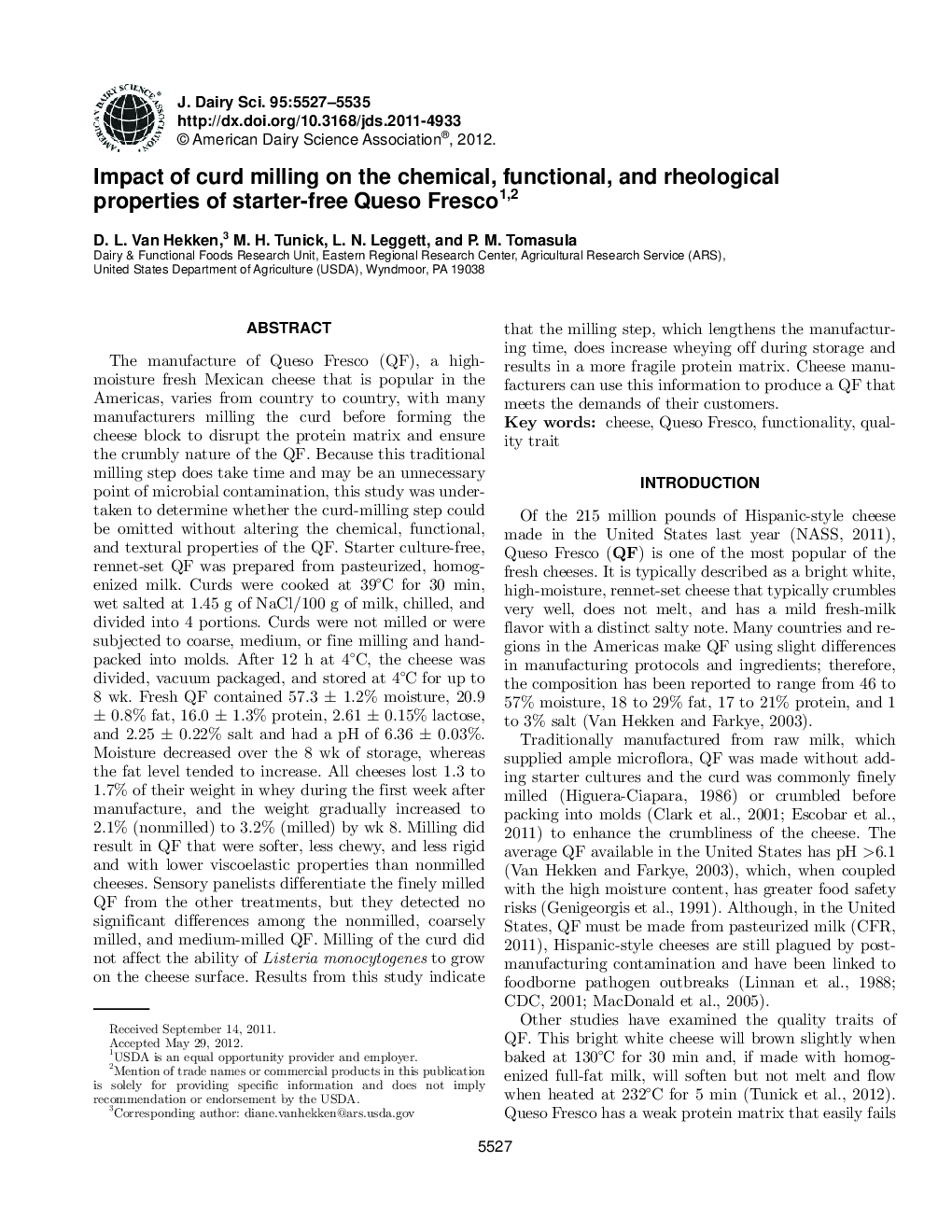 Impact of curd milling on the chemical, functional, and rheological properties of starter-free Queso Fresco1,2