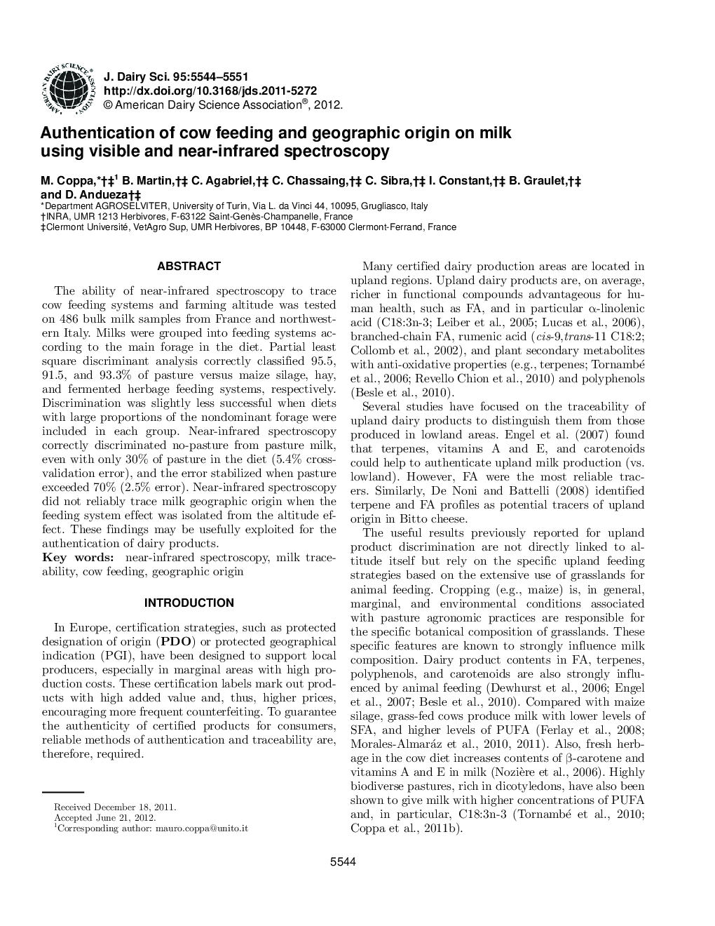 Authentication of cow feeding and geographic origin on milk using visible and near-infrared spectroscopy