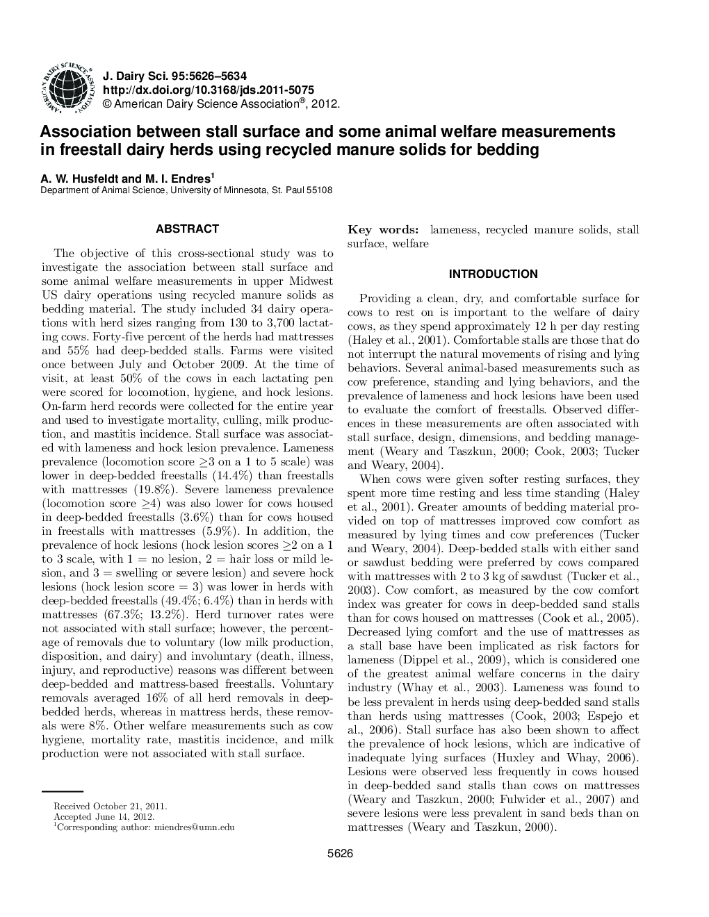 عکس صفحه اول مقاله: Association between stall surface and some animal welfare measurements in freestall dairy herds using recycled manure solids for bedding Association between stall surface and some animal welfare measurements in freestall dairy herds using recycled manure solids for bedding