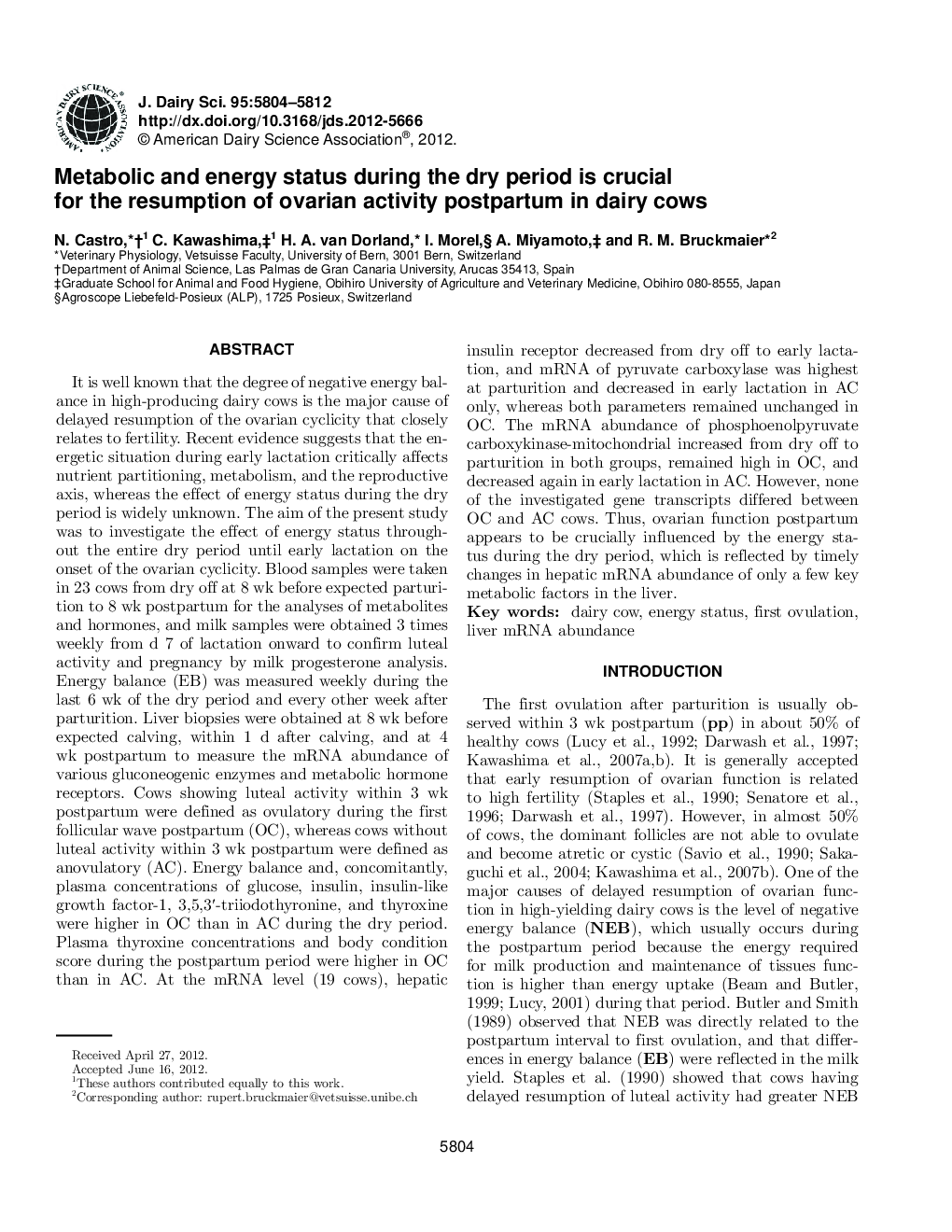 Metabolic and energy status during the dry period is crucial for the resumption of ovarian activity postpartum in dairy cows