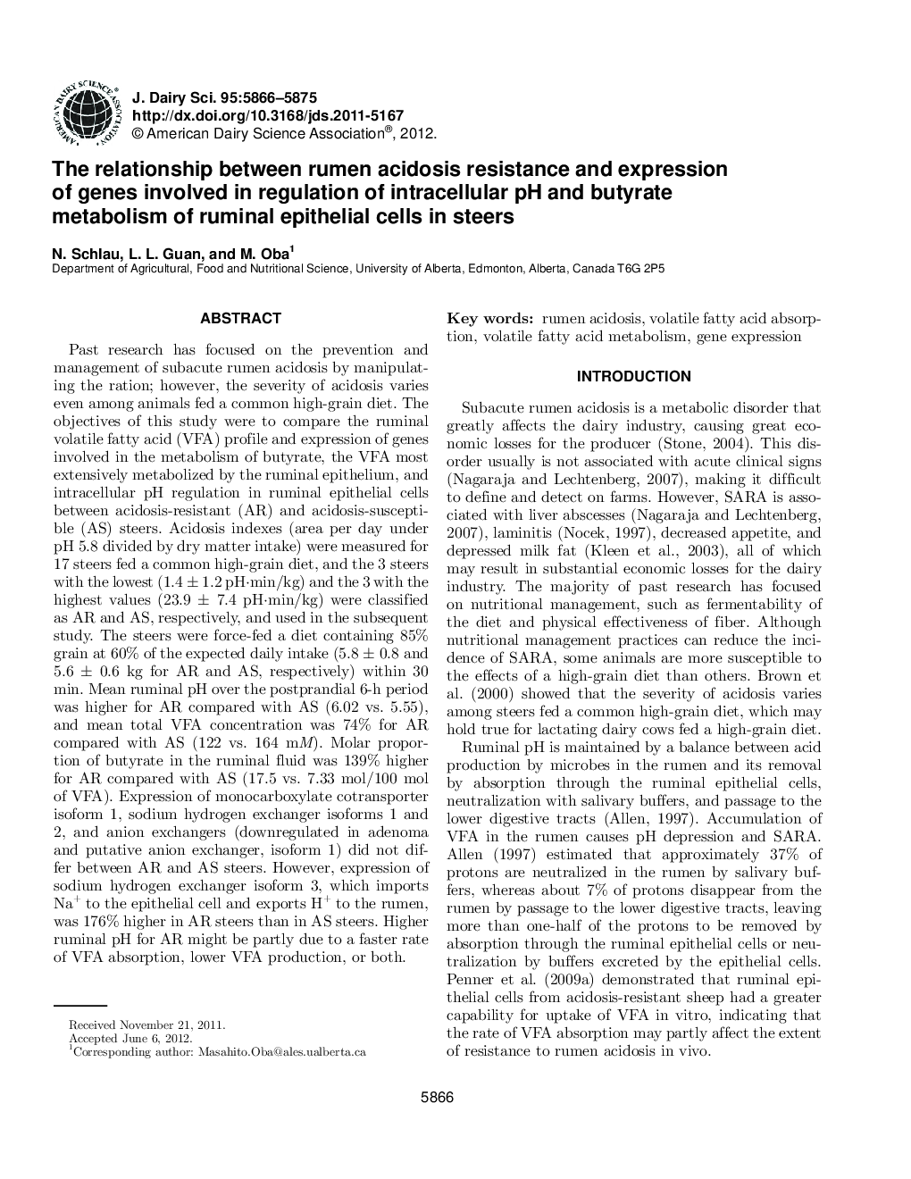 The relationship between rumen acidosis resistance and expression of genes involved in regulation of intracellular pH and butyrate metabolism of ruminal epithelial cells in steers