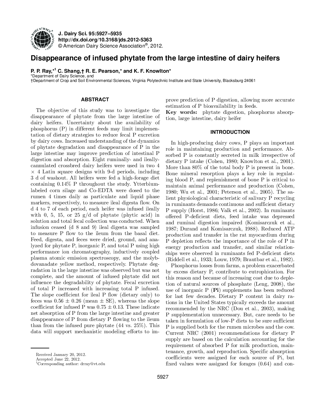 Disappearance of infused phytate from the large intestine of dairy heifers