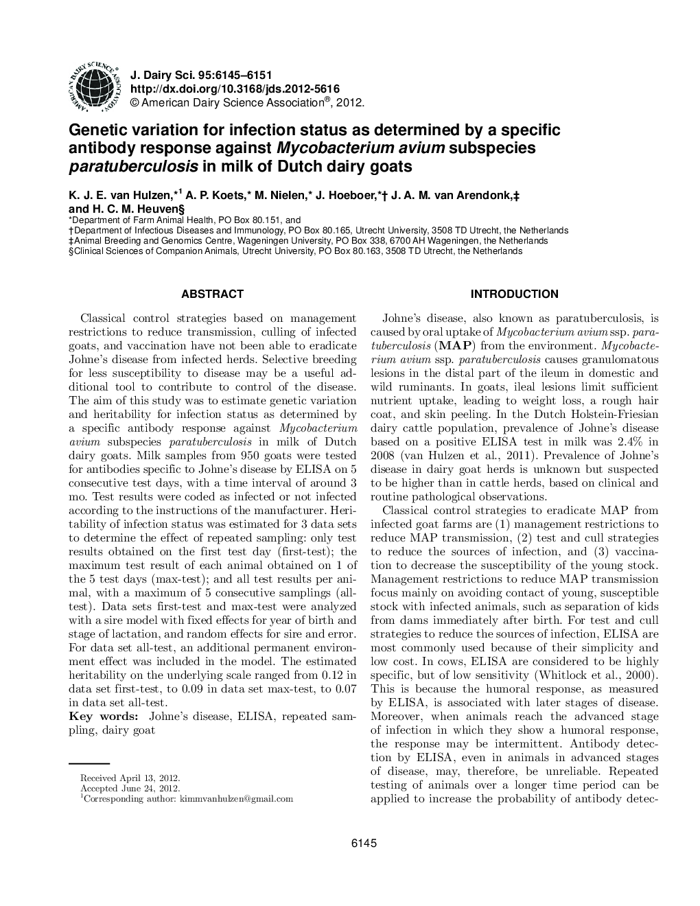 Genetic variation for infection status as determined by a specific antibody response against Mycobacterium avium subspecies paratuberculosis in milk of Dutch dairy goats