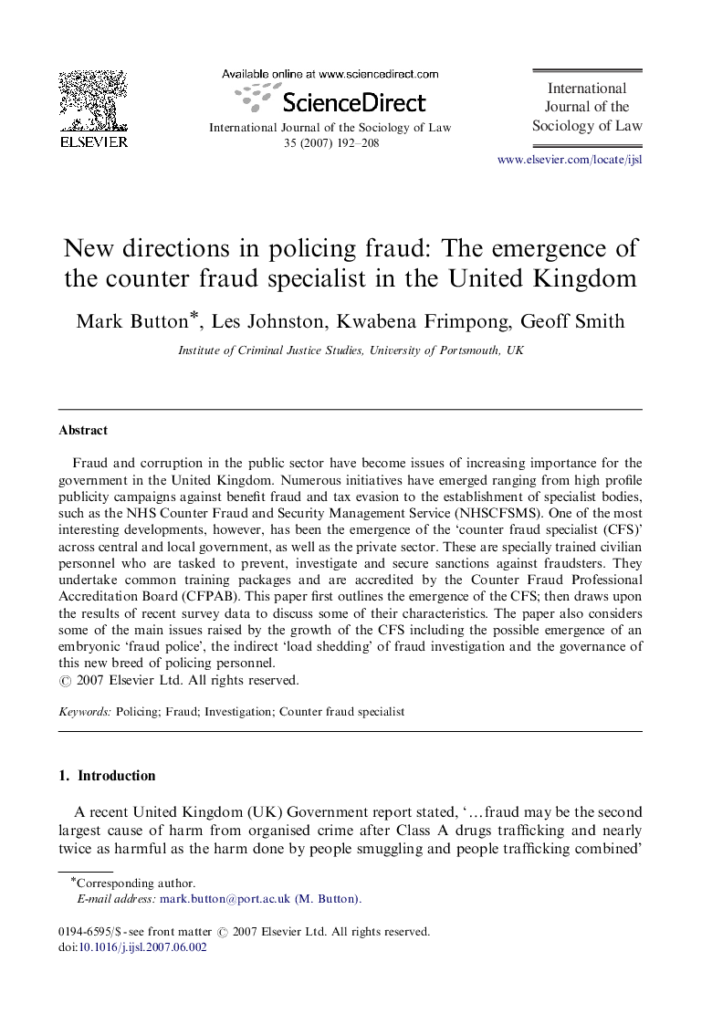 New directions in policing fraud: The emergence of the counter fraud specialist in the United Kingdom