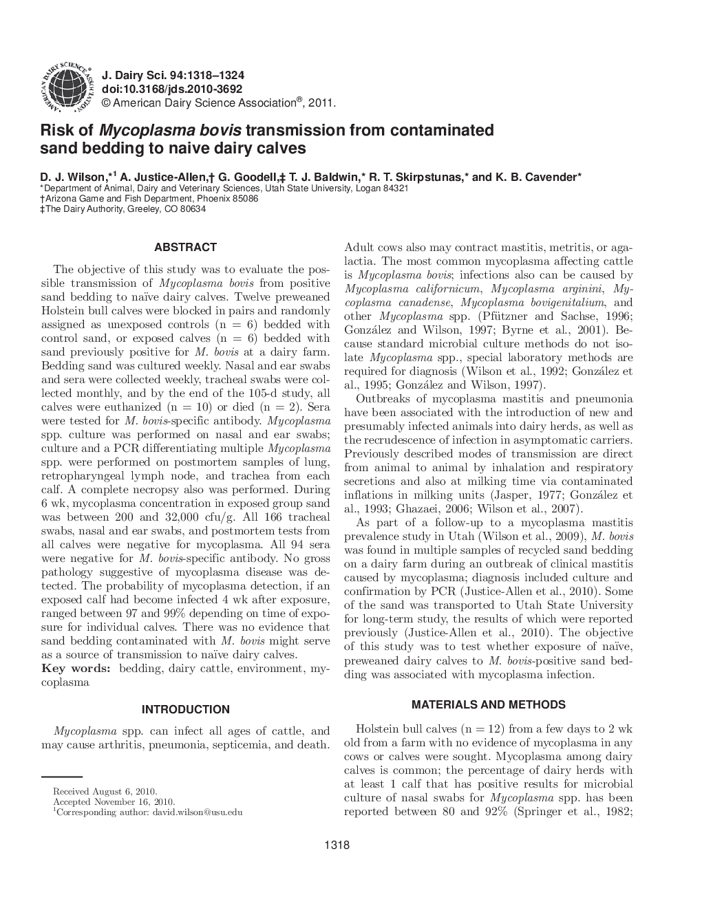 Risk of Mycoplasma bovis transmission from contaminated sand bedding to naive dairy calves