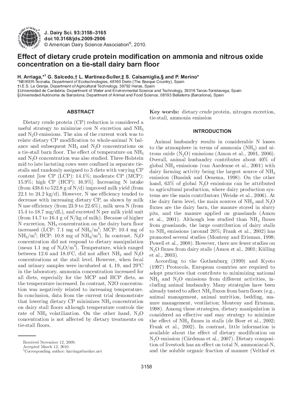 Effect of dietary crude protein modification on ammonia and nitrous oxide concentration on a tie-stall dairy barn floor