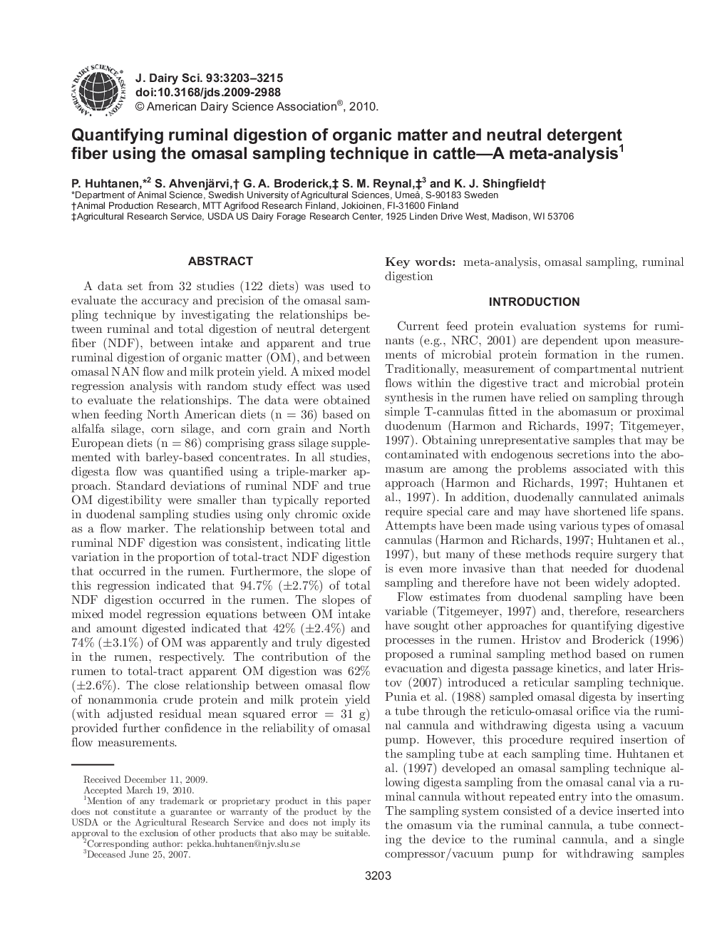 Quantifying ruminal digestion of organic matter and neutral detergent fiber using the omasal sampling technique in cattle-A meta-analysis1