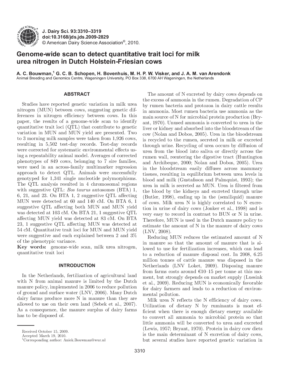 Genome-wide scan to detect quantitative trait loci for milk urea nitrogen in Dutch Holstein-Friesian cows