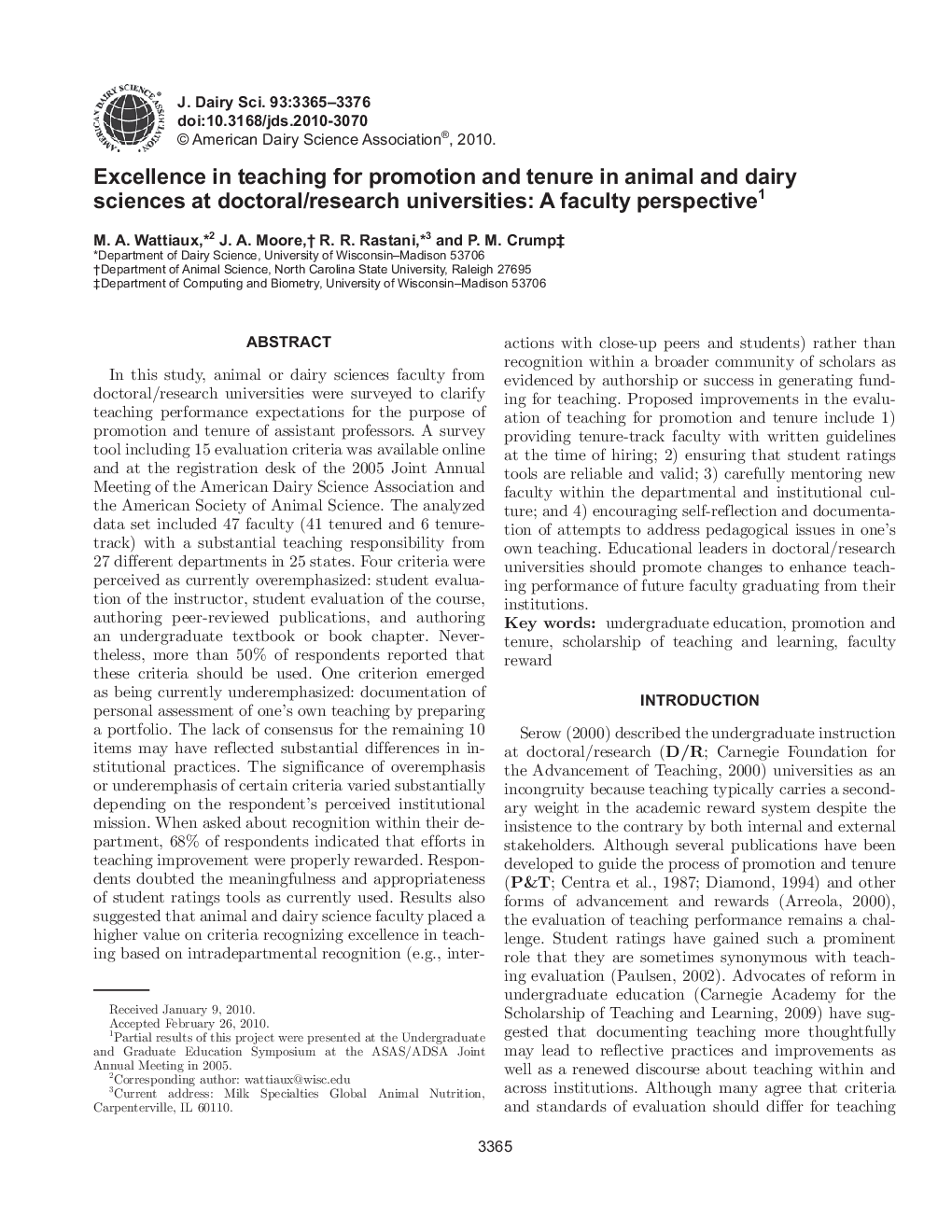 Excellence in teaching for promotion and tenure in animal and dairy sciences at doctoral/research universities: A faculty perspective1