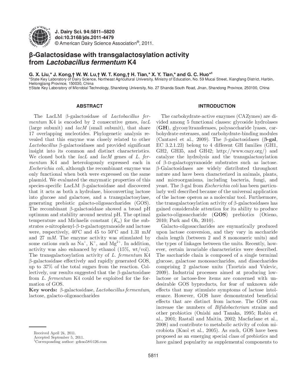 Î²-Galactosidase with transgalactosylation activity from Lactobacillus fermentum K4