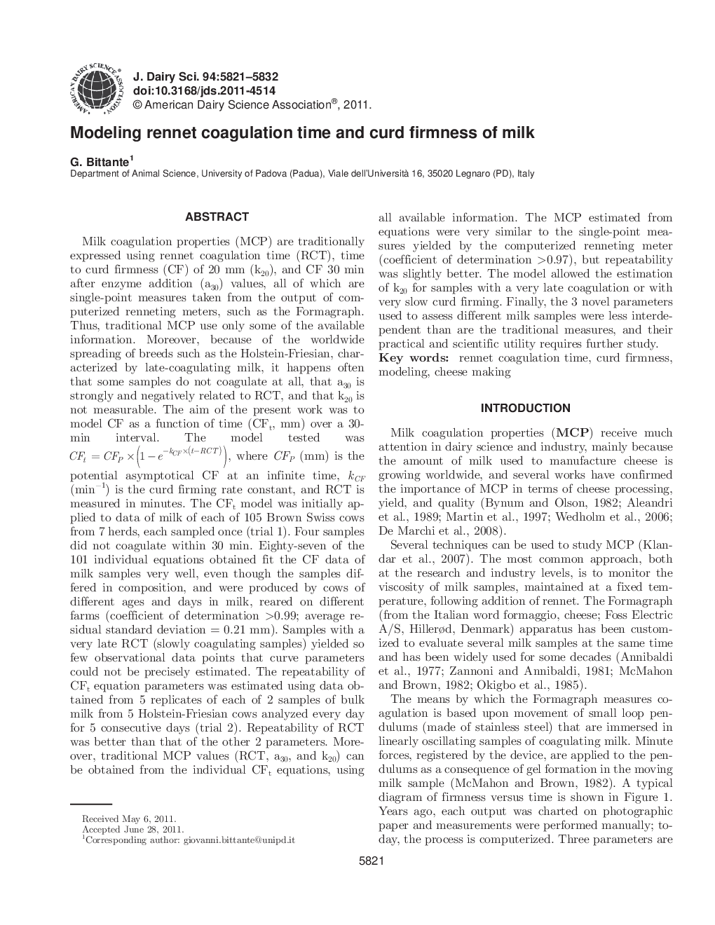 Modeling rennet coagulation time and curd firmness of milk