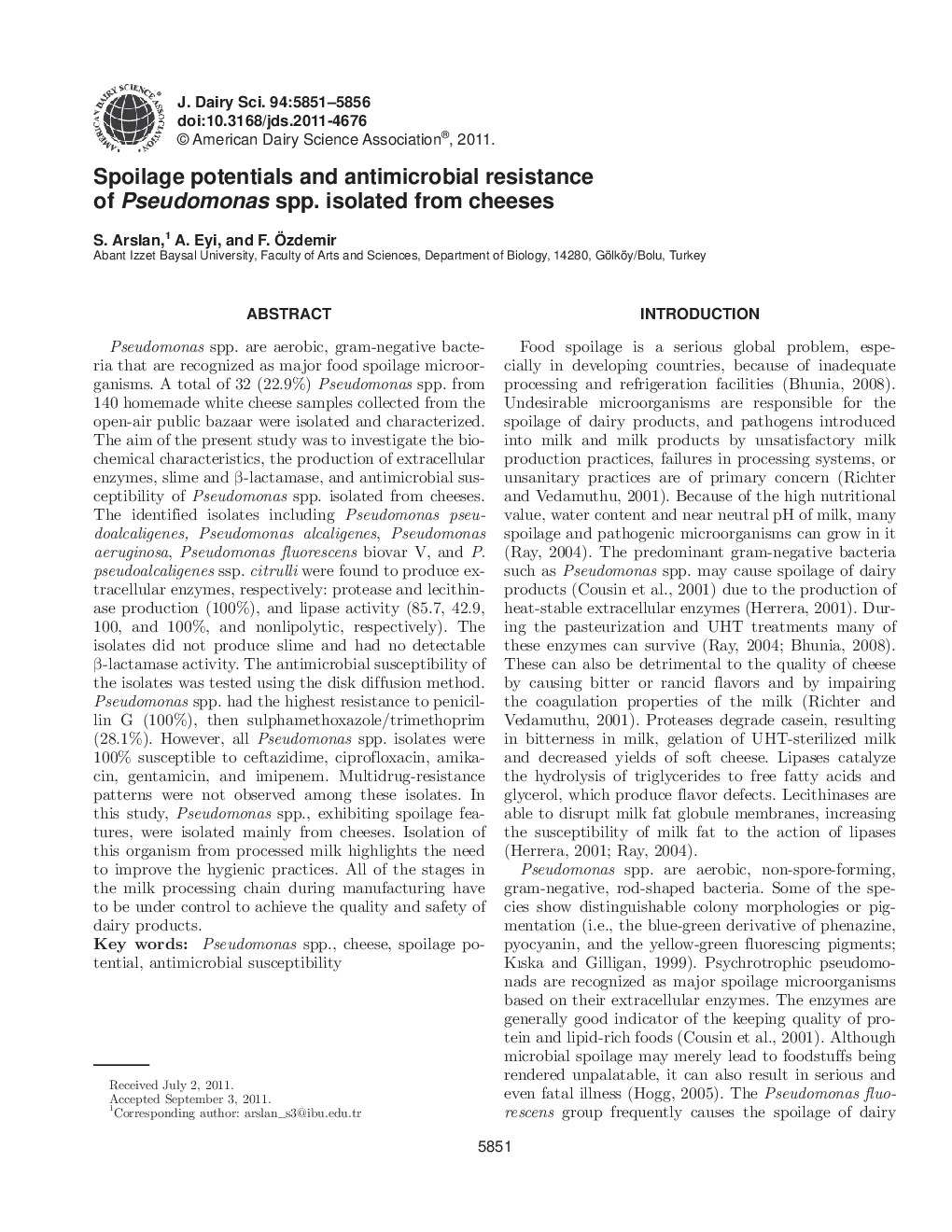 Spoilage potentials and antimicrobial resistance of Pseudomonas spp. isolated from cheeses