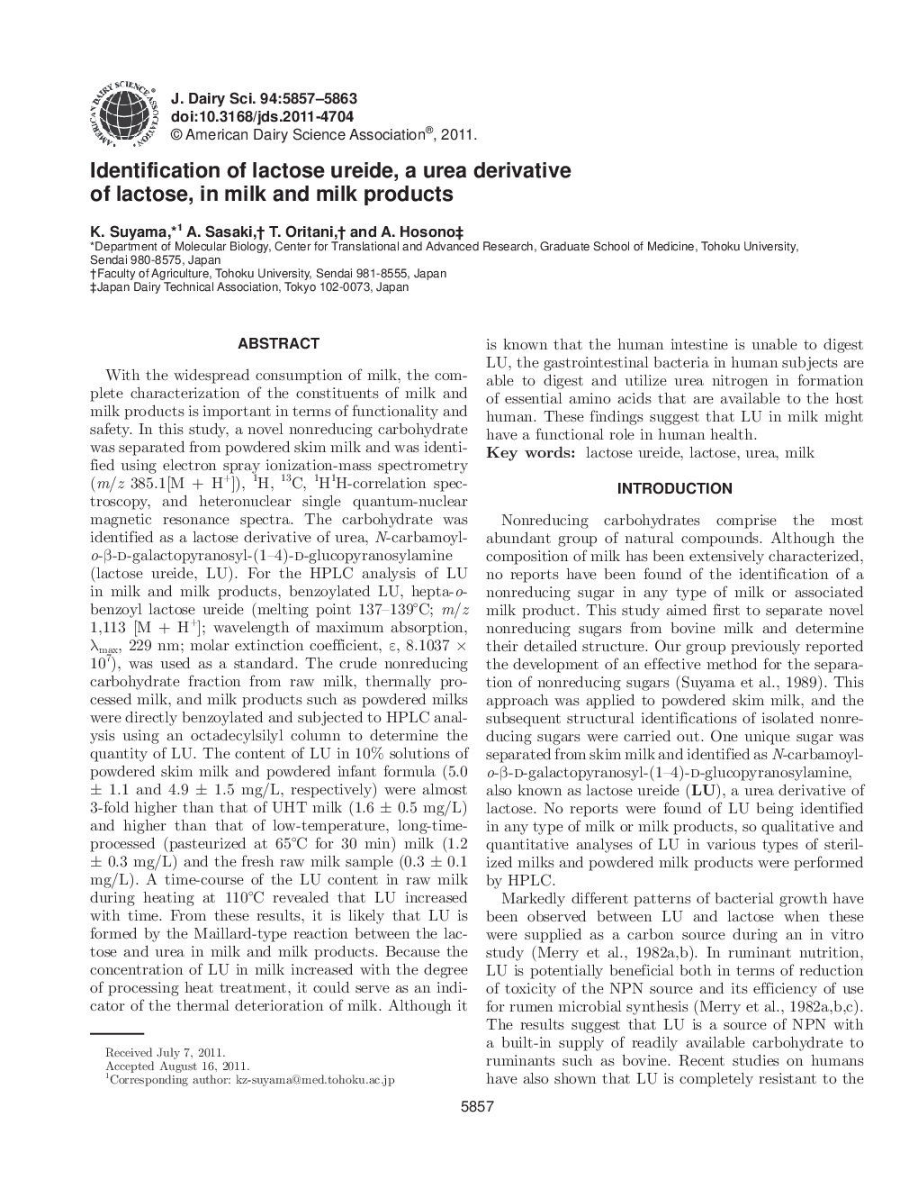 Identification of lactose ureide, a urea derivative of lactose, in milk and milk products