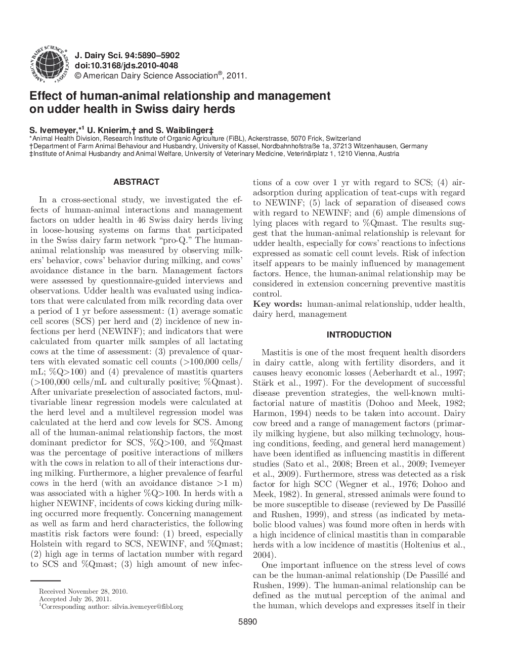 Effect of human-animal relationship and management on udder health in Swiss dairy herds