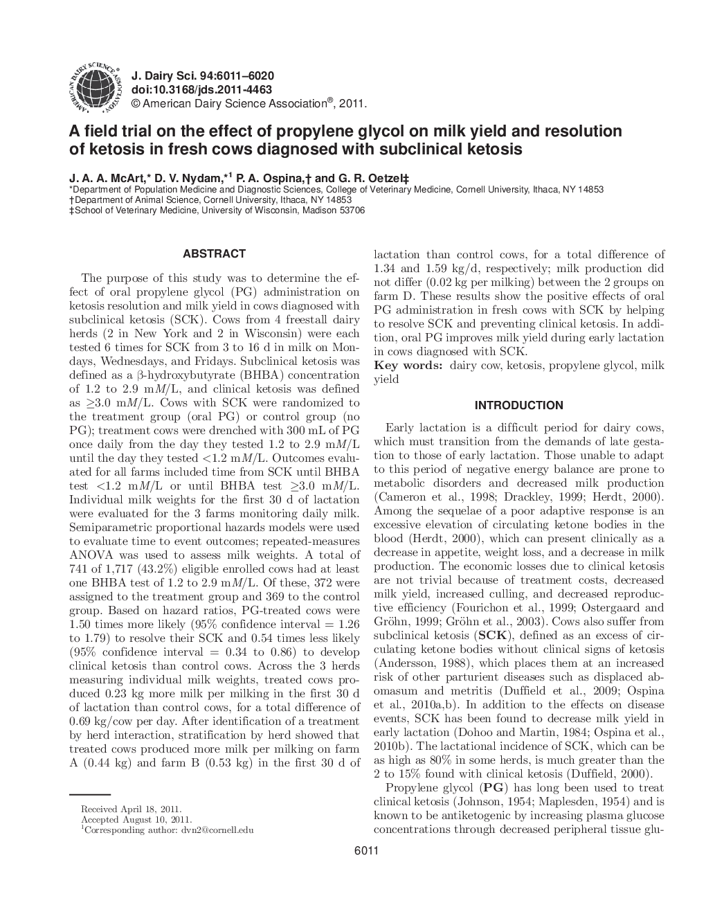 A field trial on the effect of propylene glycol on milk yield and resolution of ketosis in fresh cows diagnosed with subclinical ketosis